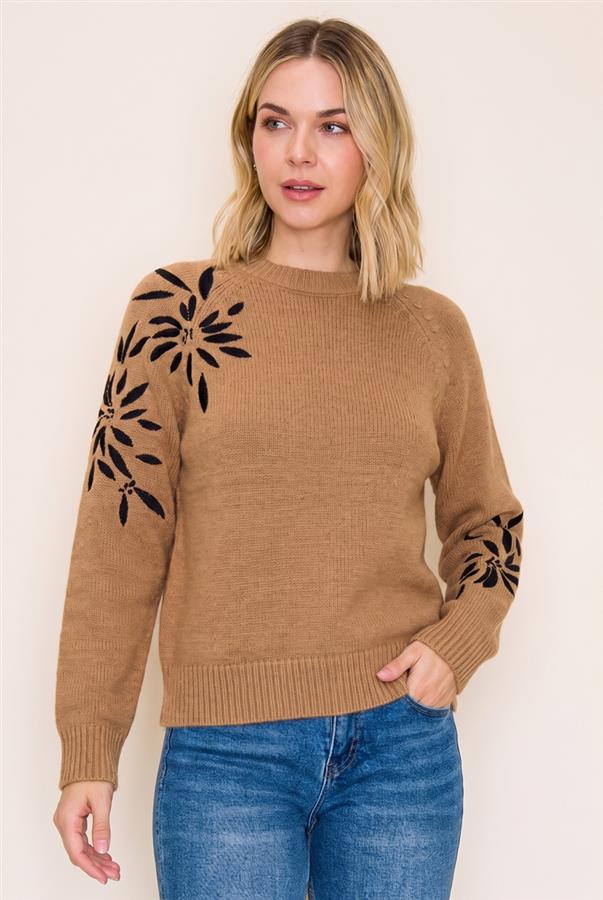 Olsen Black Floral Embroidered Sweater - Camel