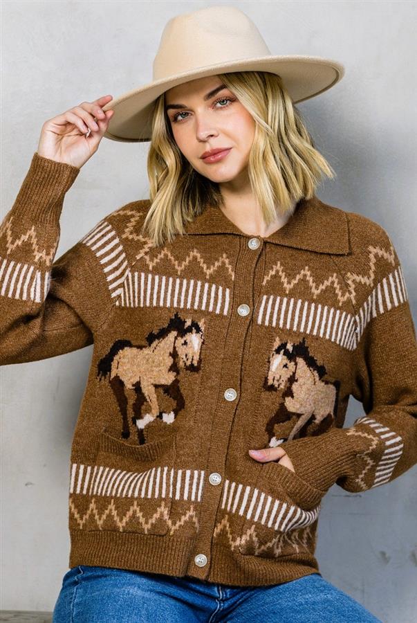 Running Wild Button Up Horse Cardigan - Mocha