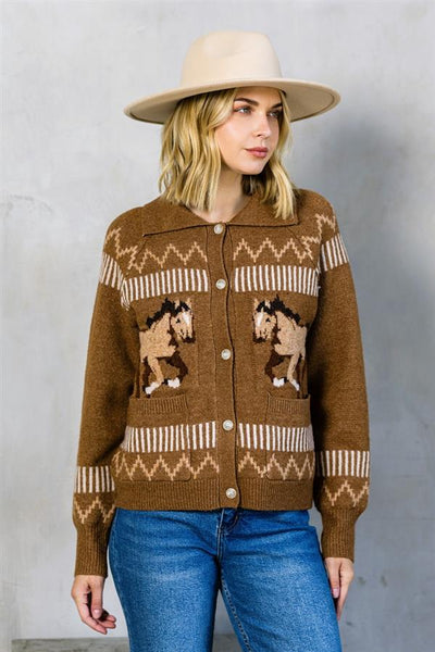 Running Wild Button Up Horse Cardigan - Mocha