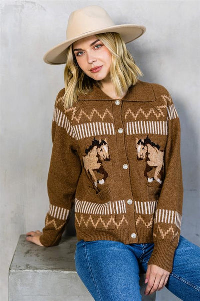 Running Wild Button Up Horse Cardigan - Mocha