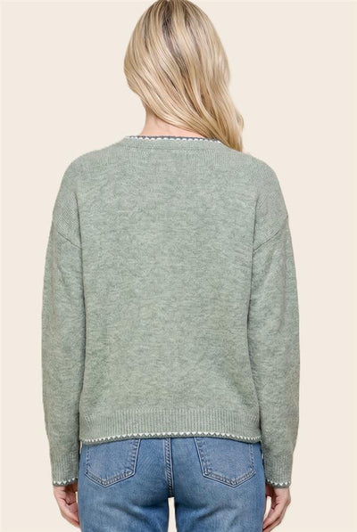 back view of a model wearing a green sweater and jeans
