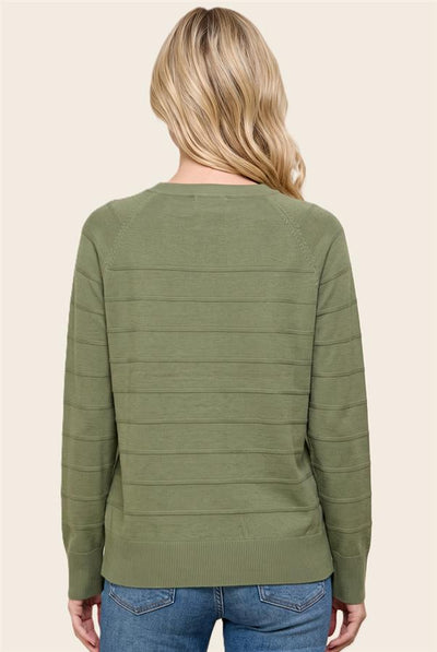 A woman viewed from the back wearing an olive green ribbed knit sweater and blue jeans against a light beige studio background.