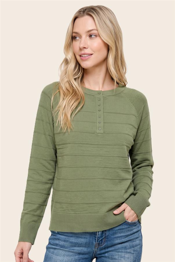 Rosa Half Button Textured Stripe Olive Sweater