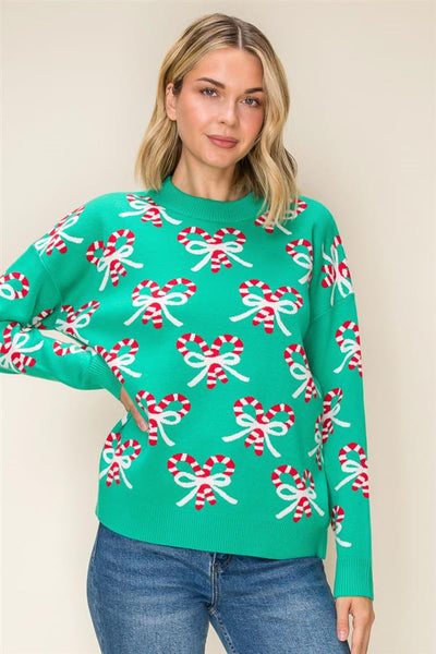 Shani Candy Cane Bow Sweater - Green