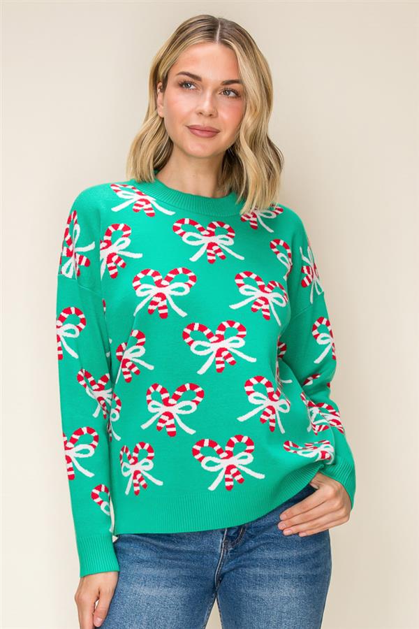 Shani Candy Cane Bow Sweater - Green