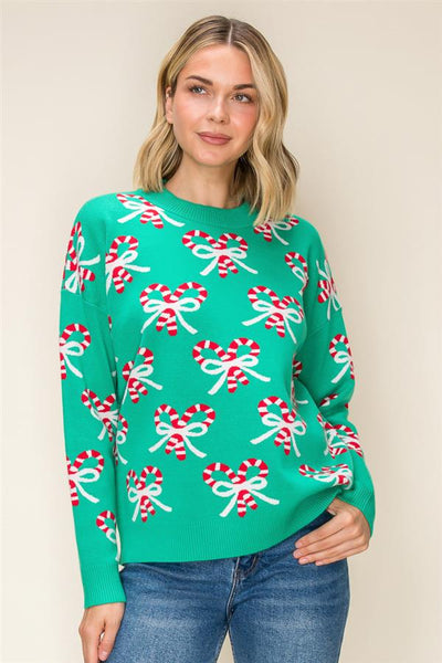 Shani Candy Cane Bow Sweater - Green