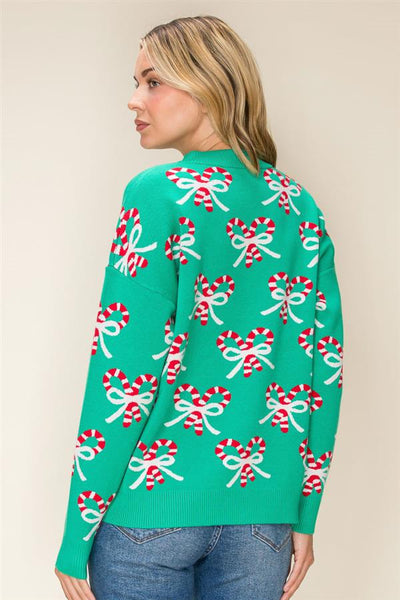Shani Candy Cane Bow Sweater - Green