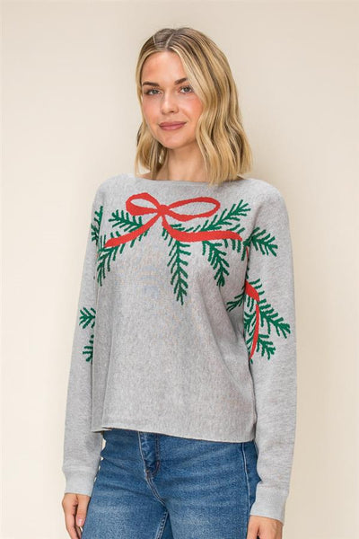 Home for the Holidays Evergreen Sweater - Heather Gray