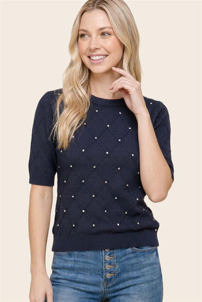Christine Navy Diamond Cable Rhinestone Sweater