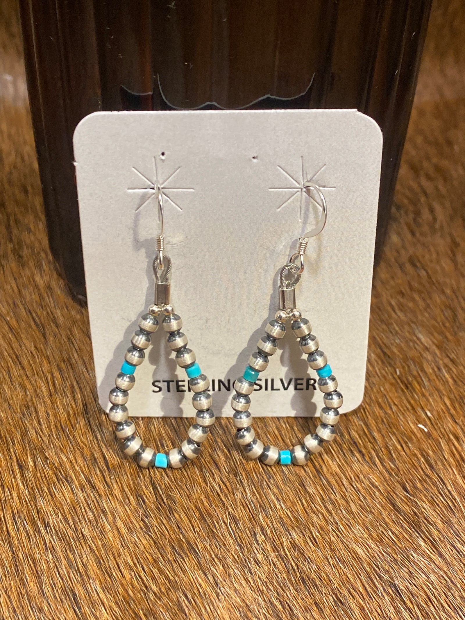 Pentathlon 3mm Sterling Navajo Pearl & Turquoise Teardrop Earrings - 1.75"