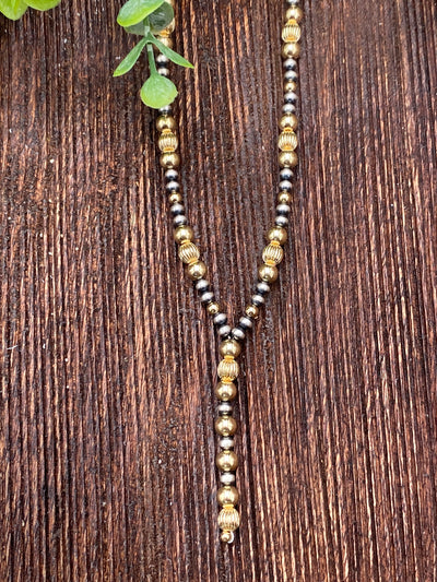 Axis Sterling 4mm Navajo, Stamped Bead & Gold Y Necklace