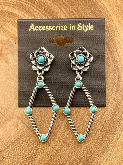 Silver earrings with turquoise stones on a 'Accessorize in Style' card.