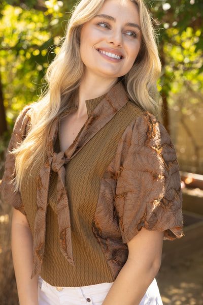 Tie Neck Mixed Textured Bubble Sleeve Top