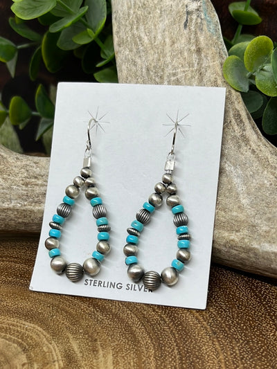Kennedy Turquoise & Sterling Bead Teardrop Fish Hook Earrings - 2"
