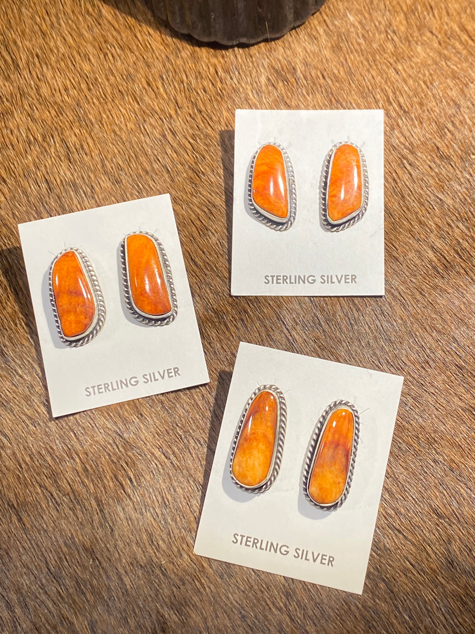 Evelyn Single Stone Orange Spiny Sterling Roped Silver Earrings