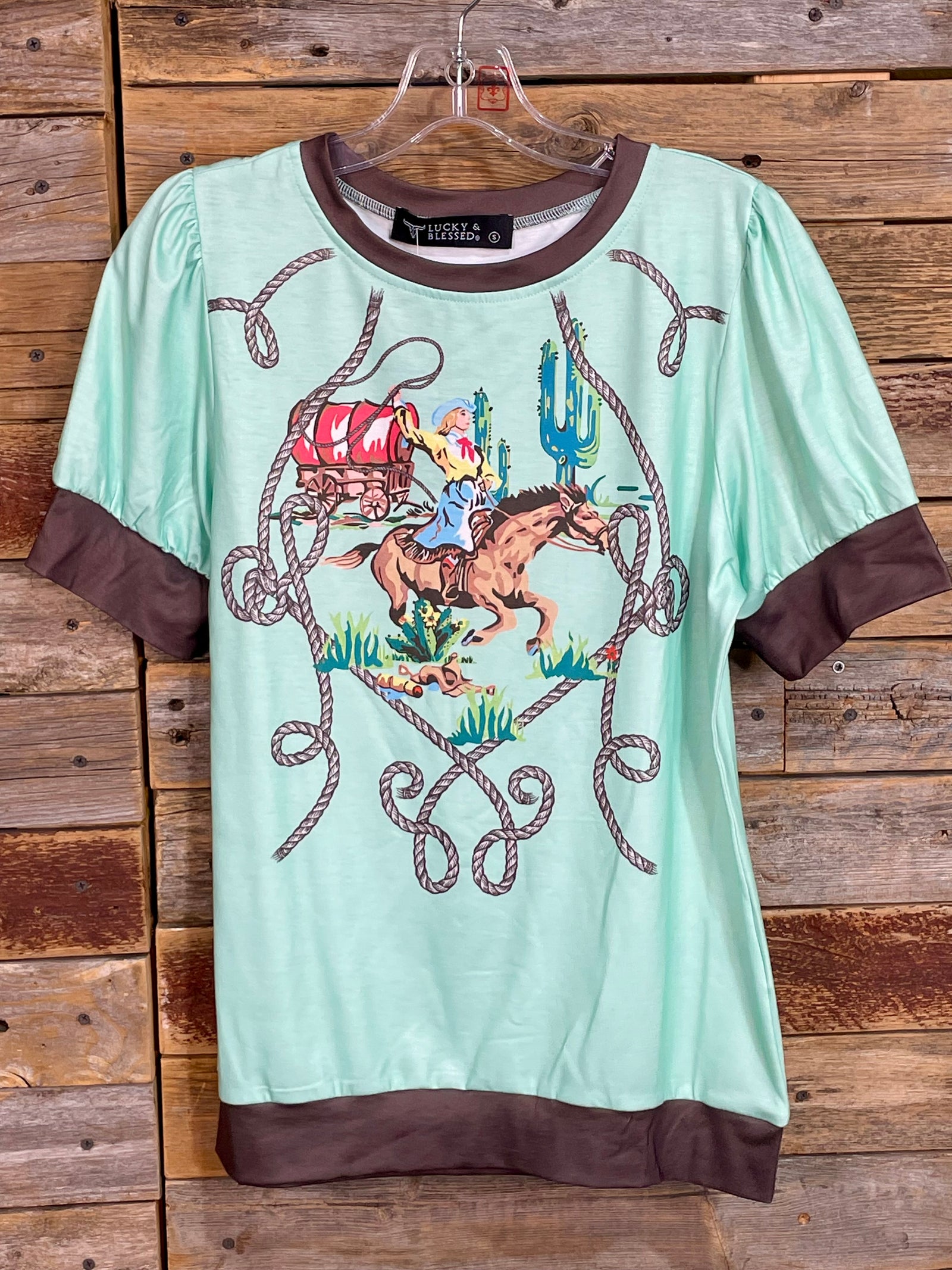 Roping Wagon Cowgirl Print Top - Mint