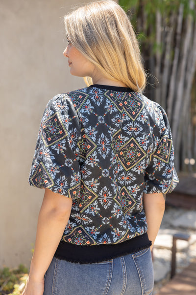 Band Detail Ornamental Tile Embroidered Print Top