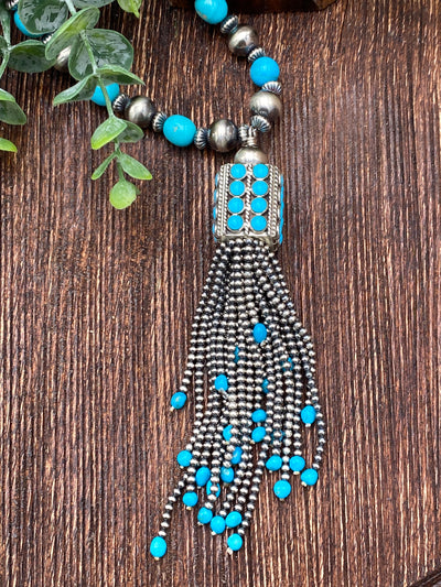 Hepburn Stunning Silver & Turquoise Tassel Necklace - 26"
