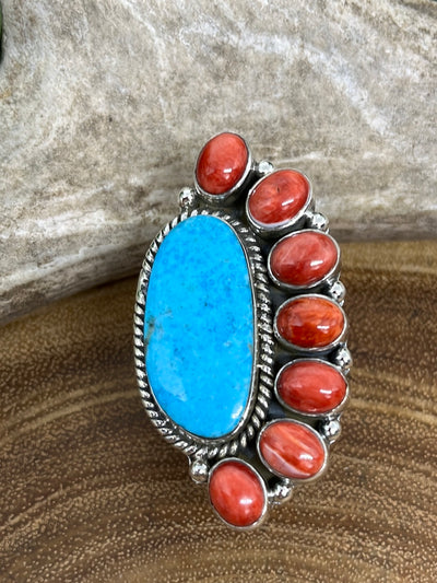 Catherine Sterling Turquoise & Half Circle Spiny Ring - Adjustable