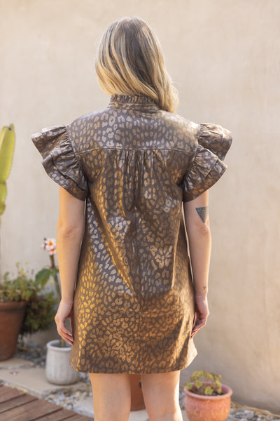 Ruffled Detail Faux Leather Leopard Print Shift Dress