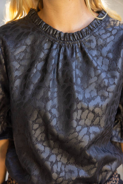 37319 Ruffled Puff Sleeve Animal Print Faux Leather Top