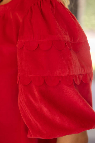 37225 Scalloped Hemline Bubble Sleeve Solid Corduroy Top