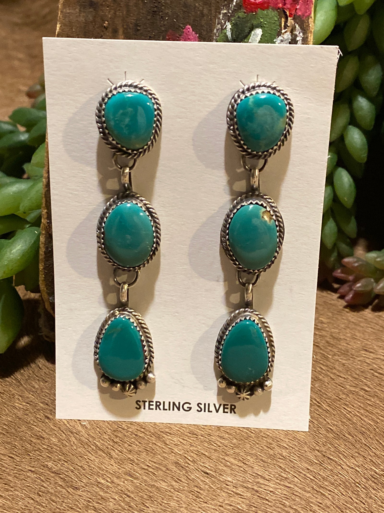 Bellaire Linked Triple Stone Turquoise Sterling Earrings - 2.75"