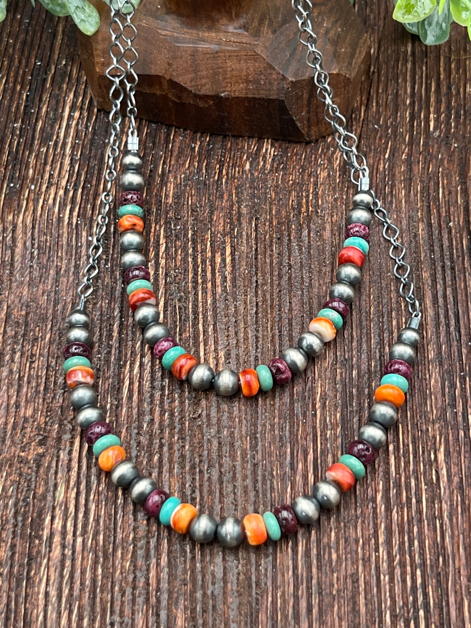 Atticus Sterling Link Chain Necklace With Navajo, Turquoise & Spiny Beads - 18"