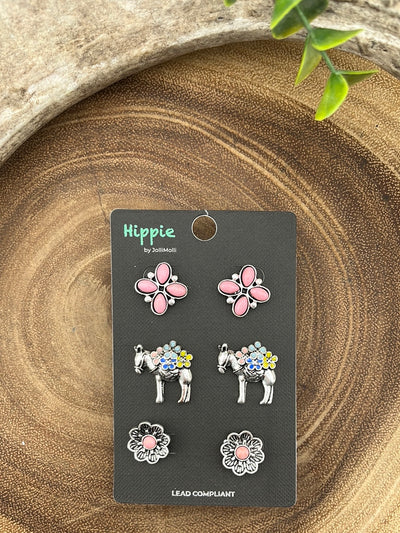 Floral Donkey Stud Earring Set - 3 pairs