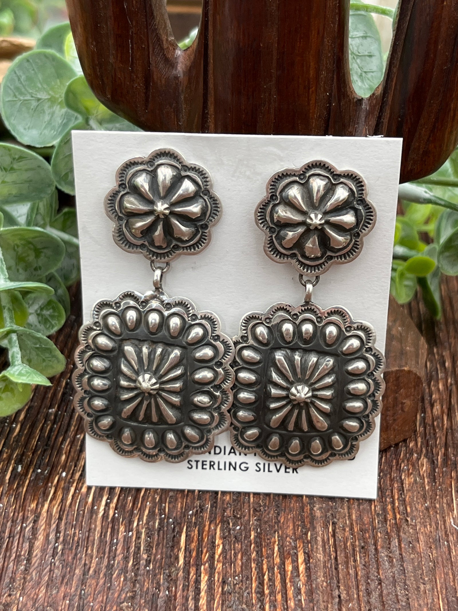 Tammy Flower Post Rectangle Drop Double Scalloped Concho Earrings - 2.5"