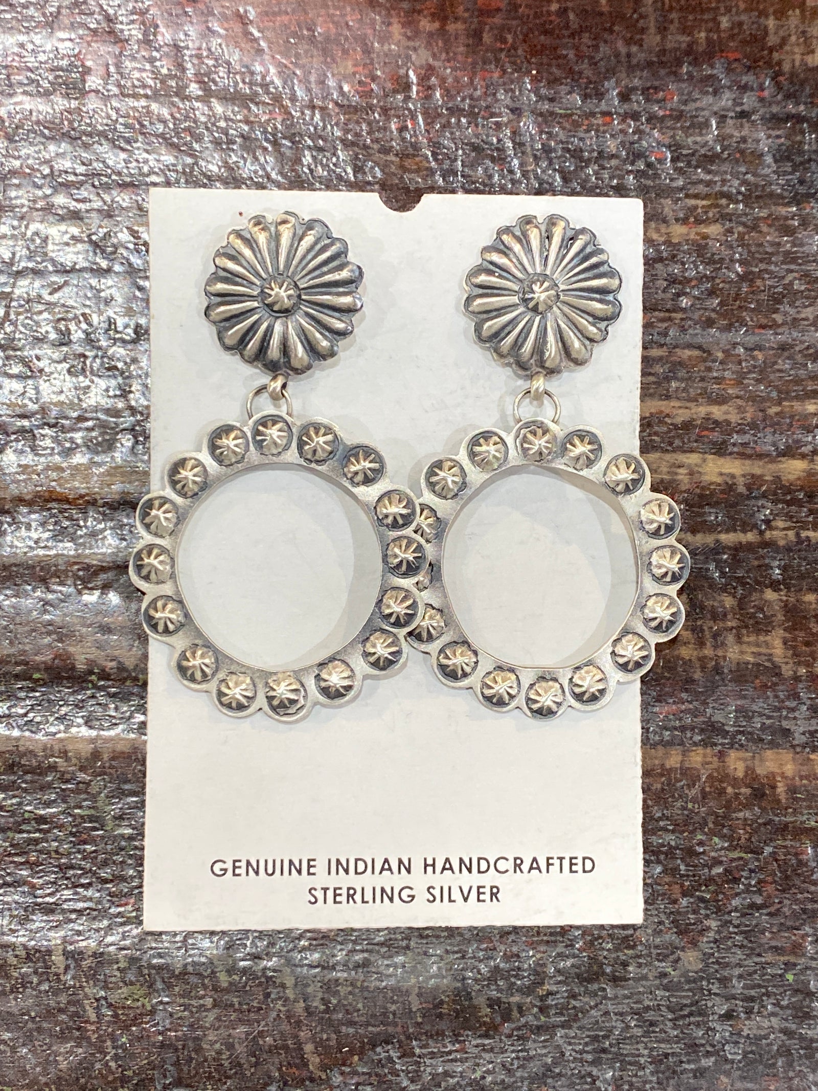 Bella Flower Concho Post Open Circle Sterling Earrings - 2.3"