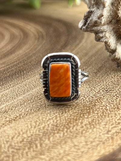 New River Gorge Double Band Notched Sterling Orange Spiny Ring