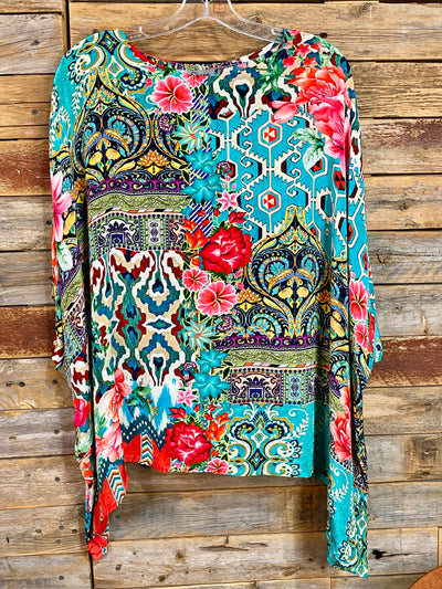 Beautiful Garden Silk Viscose Poncho Blouse
