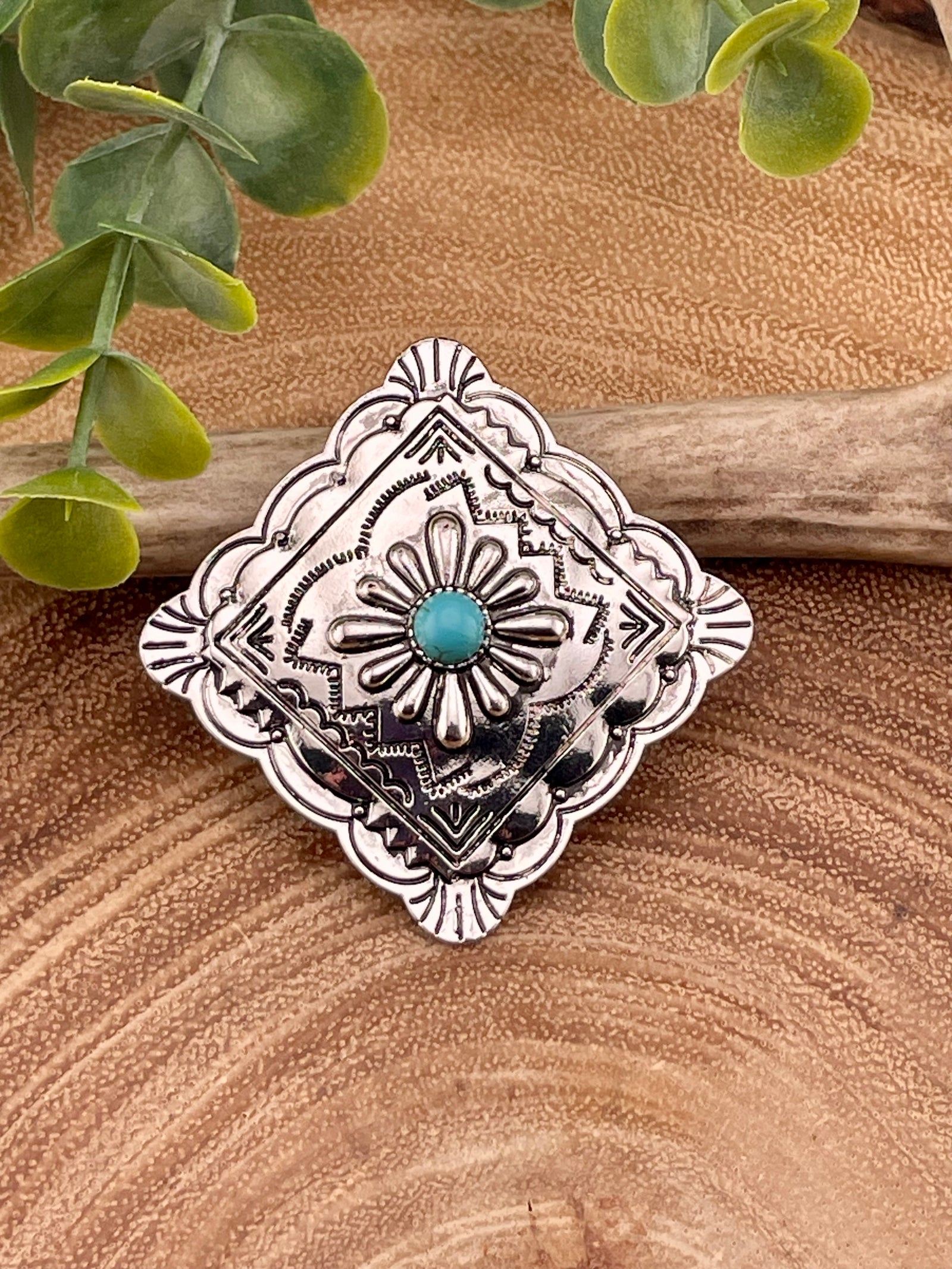 Diamond Stamped Concho Scarf Slide With Center Accent - Turquoise