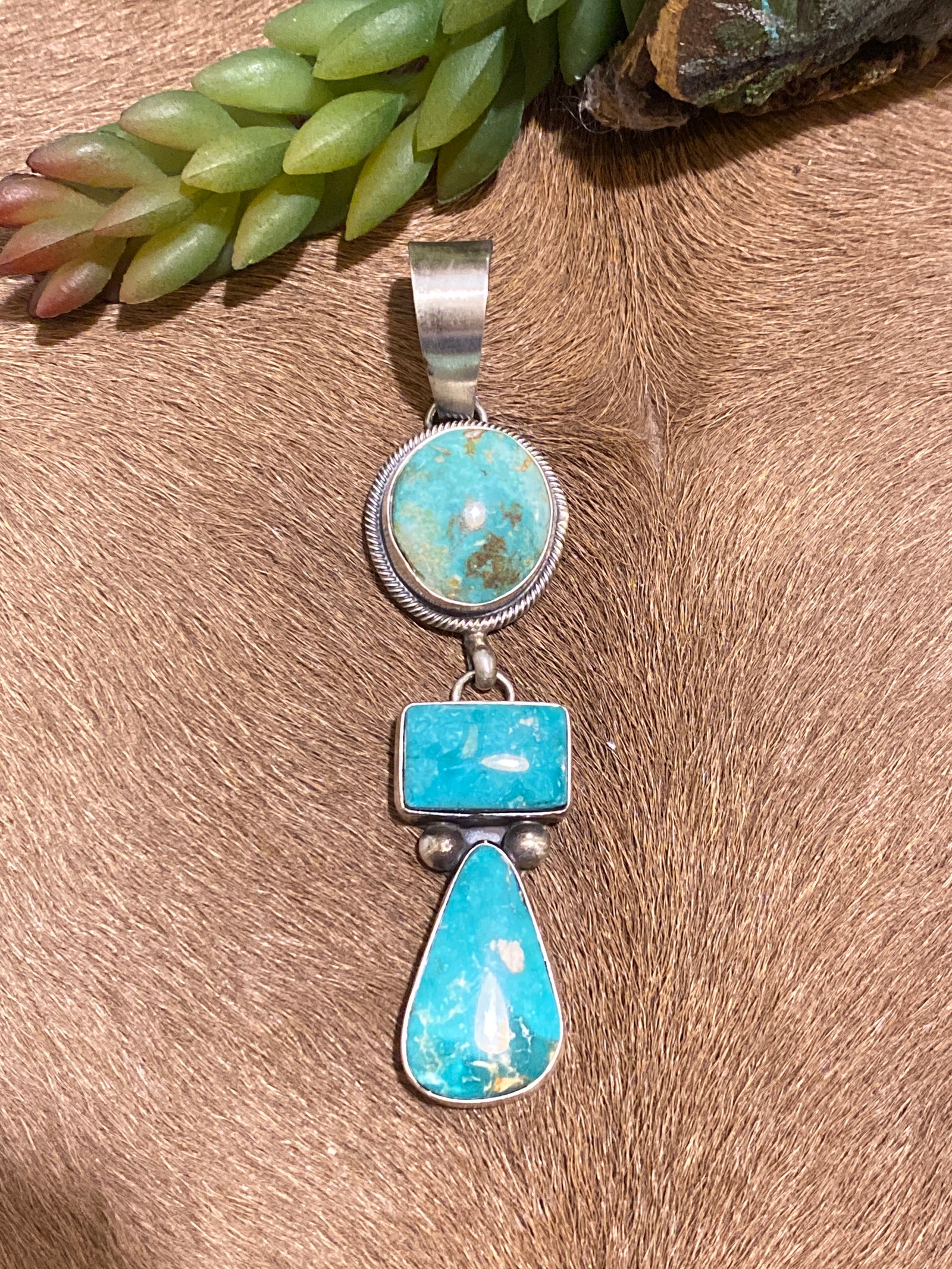 Haltom Sterling Linked Triple Stone Turquoise Pendant