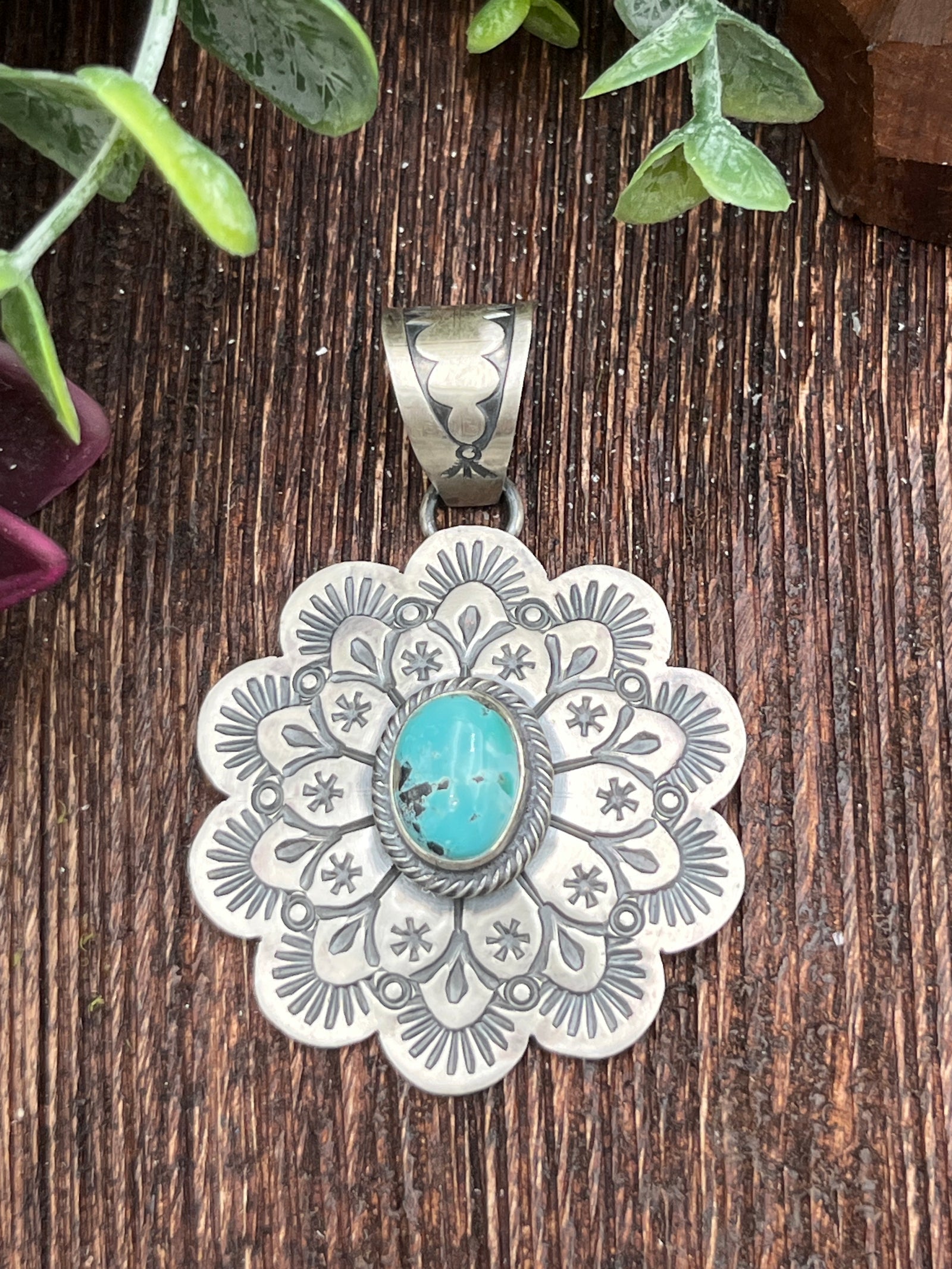 Moxie Stamped Flower Sterling Pendant With Center Turquoise