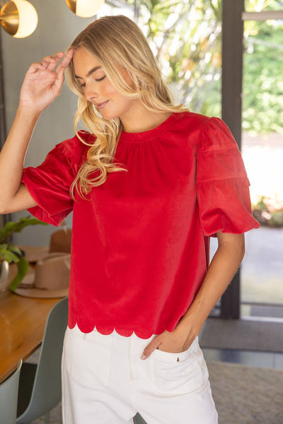37225 Scalloped Hemline Bubble Sleeve Solid Corduroy Top