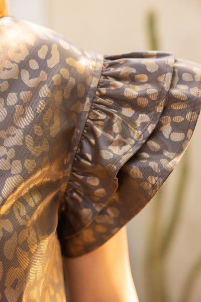 Ruffled Detail Faux Leather Leopard Print Shift Dress