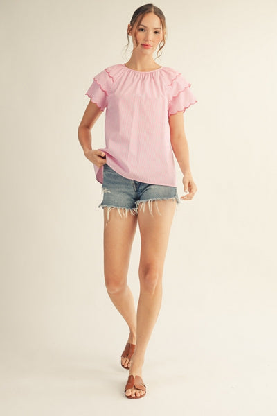 Misty Scallop Sleeve Striped Top