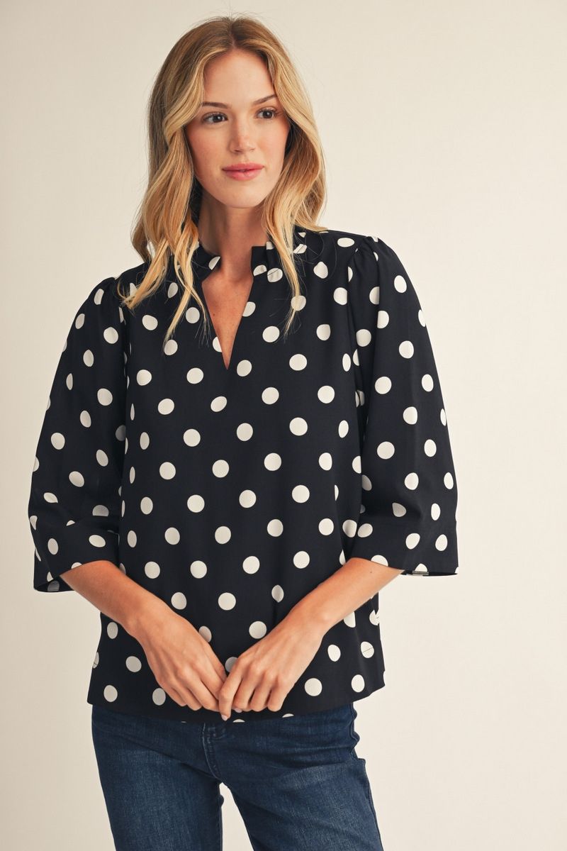 Covington Ruffle Collar V Neck Top - Polka Dots