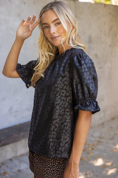 37319 Ruffled Puff Sleeve Animal Print Faux Leather Top