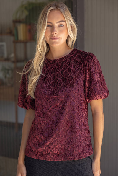 Trellis Trimmed Crushed Velvet Bubble Sleeve Top