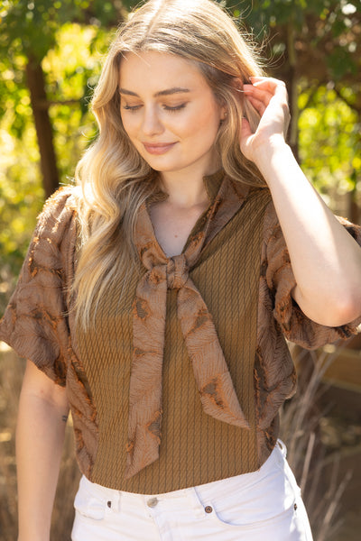 Tie Neck Mixed Textured Bubble Sleeve Top