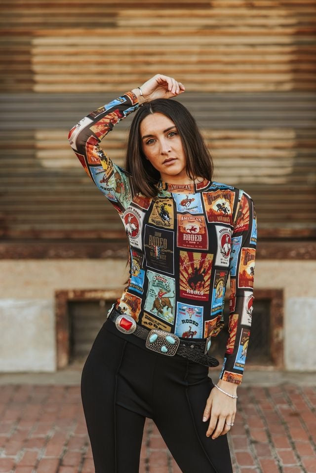 Lola Vintage Cowboy Print Mesh Top