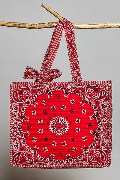 Quilted Bandana Paisley Striped Trim Oversized Tote Bag