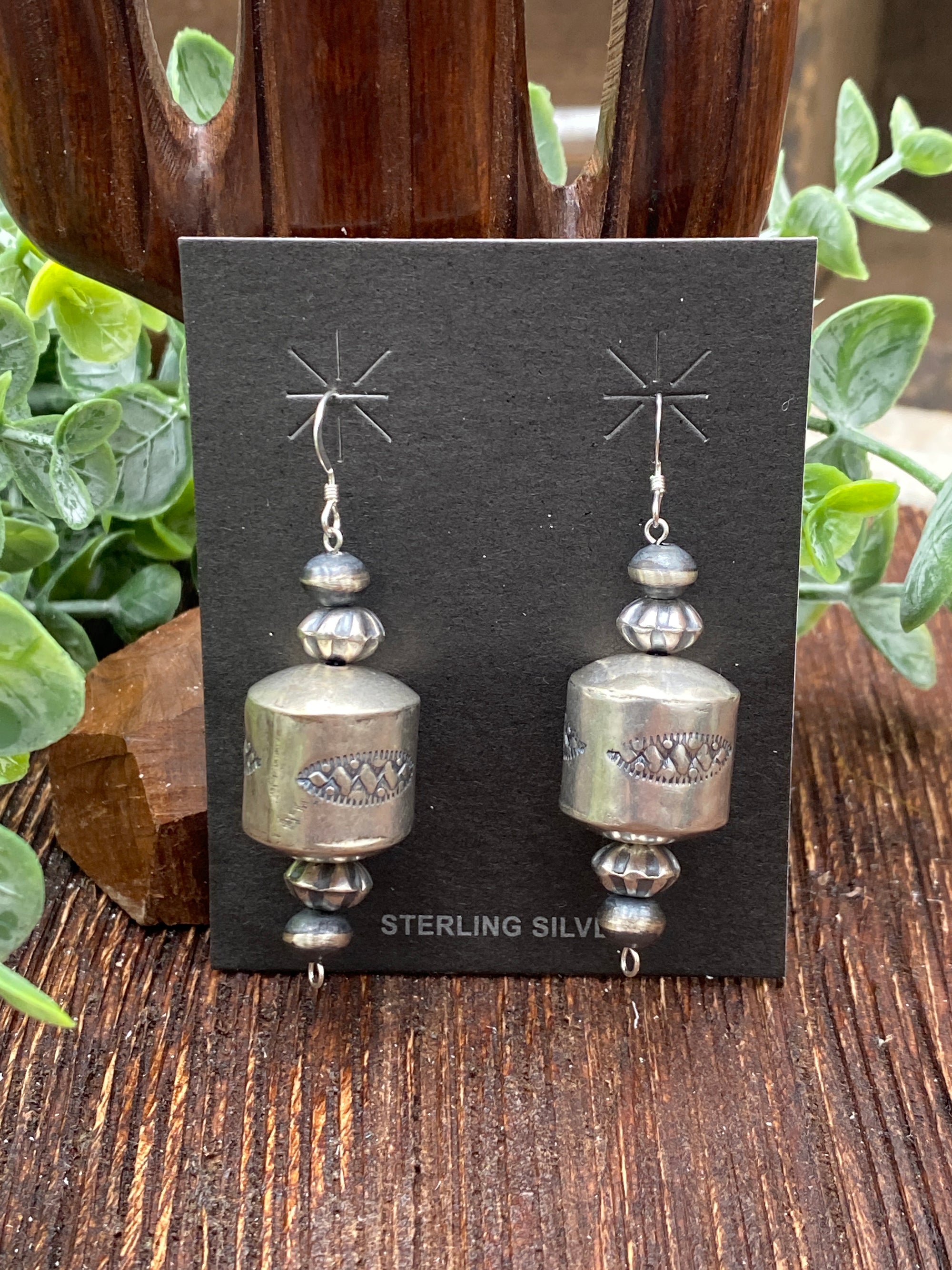 Highland Sterling Cylinder Stacked Bead Navajo Earrings - 2.25"