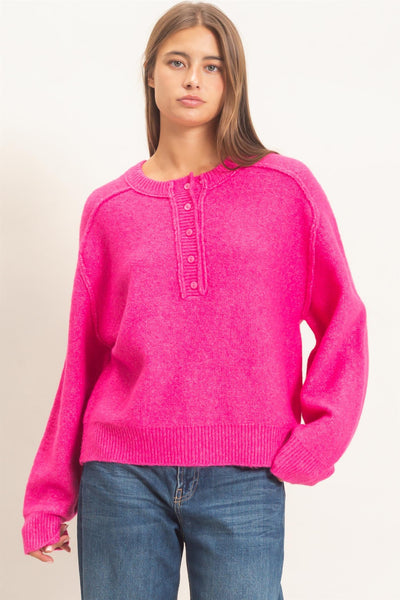 Britt Henley Top With Reverse Seams - Fuchsia