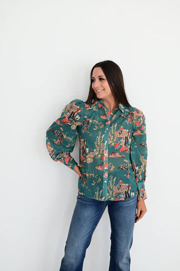 Karlie Turquoise Wagon Chiffon Blouse