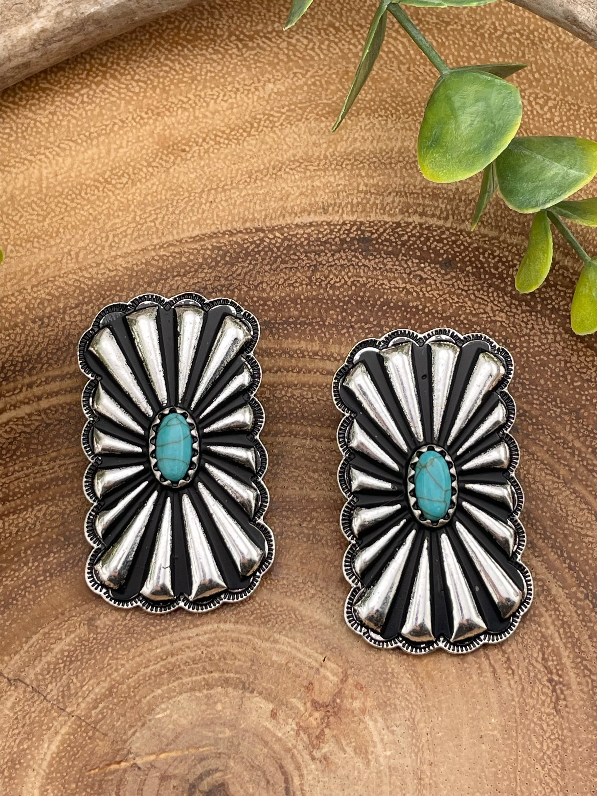 Tess Large Silver Rectangle Concho Earrings With Center Stone - Turquoise