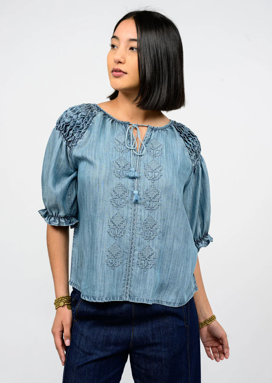 Woman wearing a blue embroidered blouse against a white background